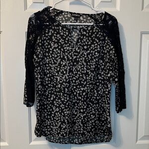 Express Black Lace 3/4 Sleeve Keyhole Floral Blouse Size S